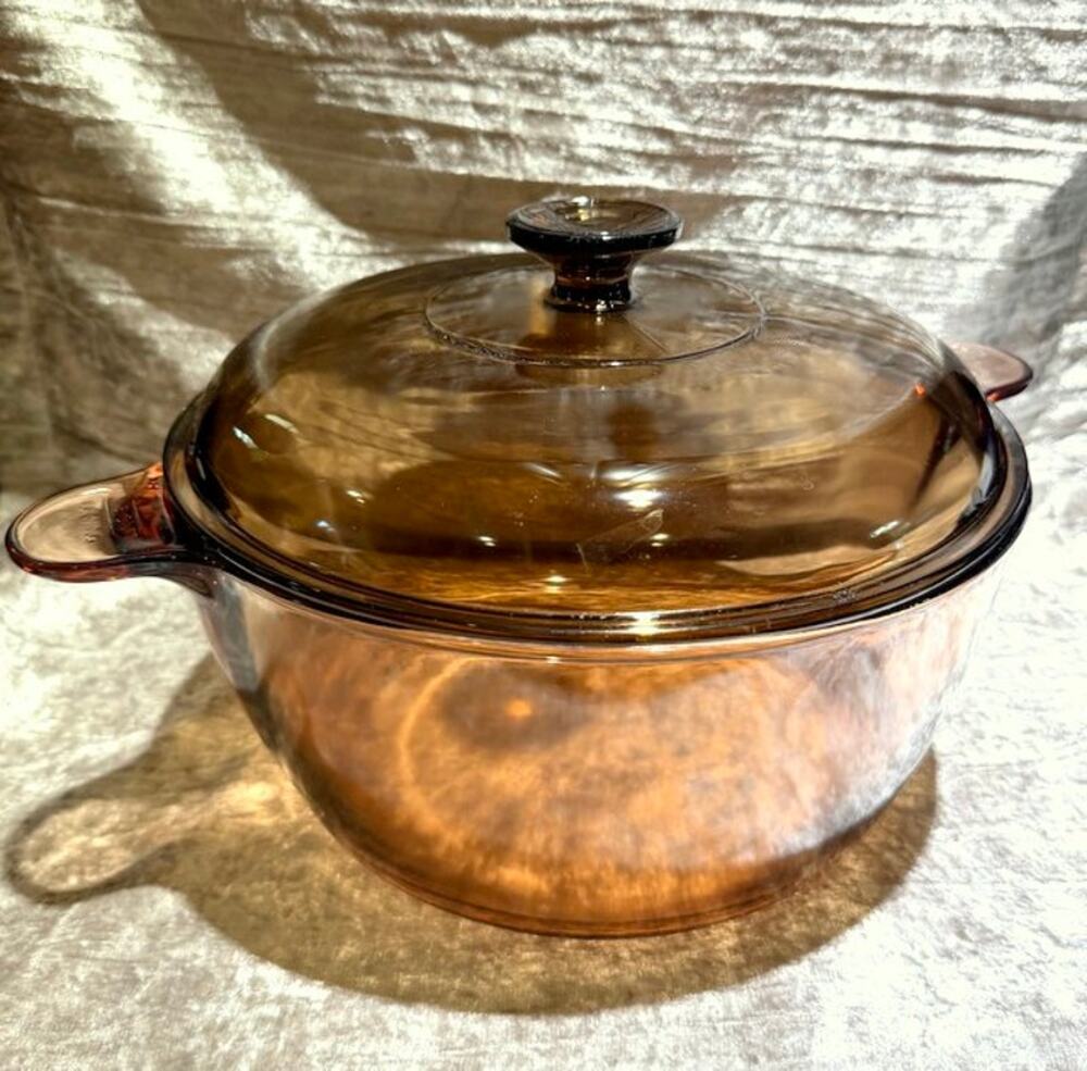 Vtg CorningWare Visions Amber Glass Cookware 4.5L Dutch Oven Stock Pot w Lid USA